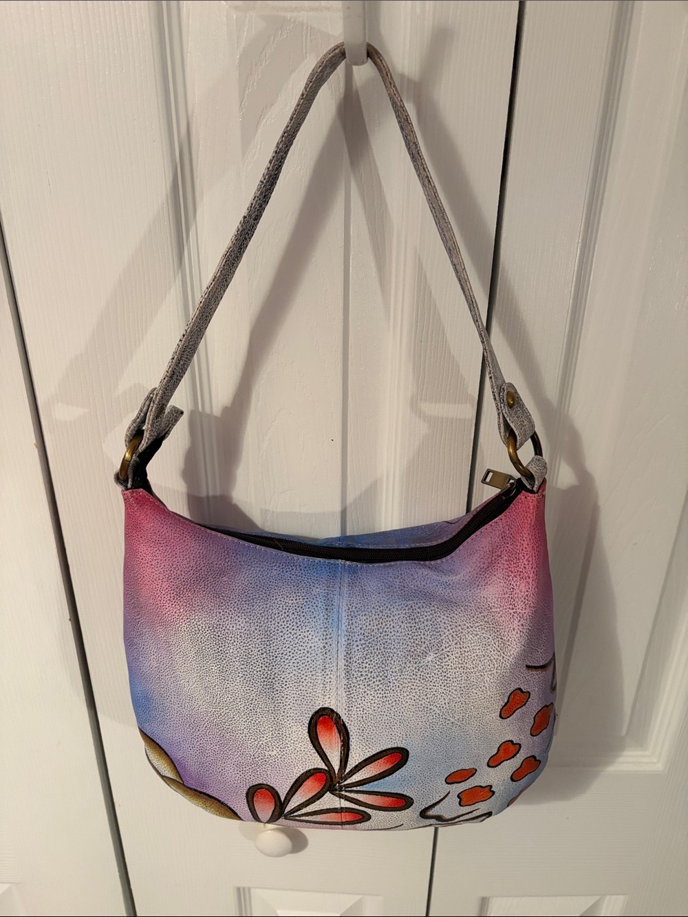 Hand-Painted Gradient Flower Shoulder Bag in Pink and Blue